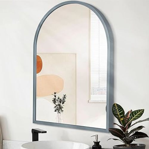 Mirrors for Wall Arch Metal Framed Mirror Large 28"x20" Decorative Aluminum Alloy Wall Mirror for Bedroom Bathroom Living Room Entryway Gray