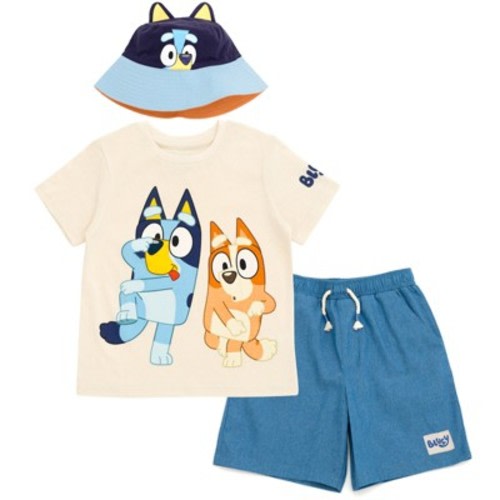 Bluey T-Shirt Chambray Shorts and Twill Bucket Sun Hat 3 Piece Outfit Set Toddler, Size: 3t