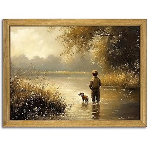 Framed Vintage Landscape Wall Art, Boy Fishing Canvas Wall Decor painting, Vintage Country Farmhouse Artwork Print Poster for Boy Room Bedroom Living Room Nursery Decor 12x16 Inch