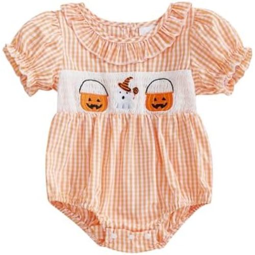 Baby Girl Halloween Outfit Infant Ghost Bubble Smocked Romper Newborn Plaid Bodysuit Shirt Toddler Fall Clothes