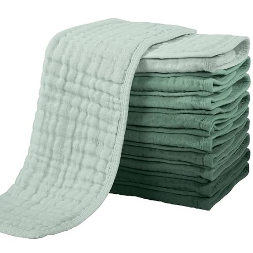 Yoofoss Muslin Burp Cloths for Baby 10 Pack 100% Organic Cotton Baby Washcloths for Boys Girls Large 20''X10'' Super Soft and Absorbent Gradient Green | for Baby, 10 Pack, 100% Cotton, Large, 20''X10'', Gradient Green