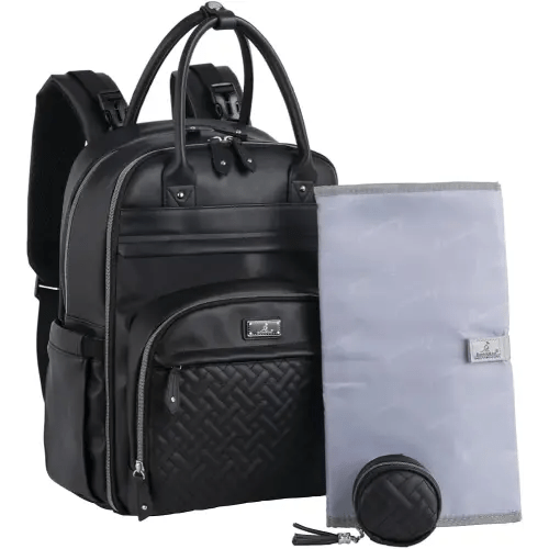 BabbleRoo Leather Diaper Bag Backpack - Baby Essentials Travel Baby Bag, Multi function, with Changing Pad, Stroller Straps & Pacifier Case – Unisex, Black