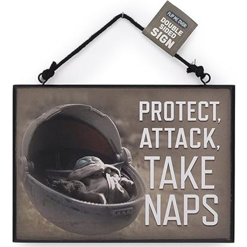 Disney Star Wars Baby Yoda Double-Sided Hanging Sign - Baby Yoda Nursery Decor - Protect, Attack, Take Naps