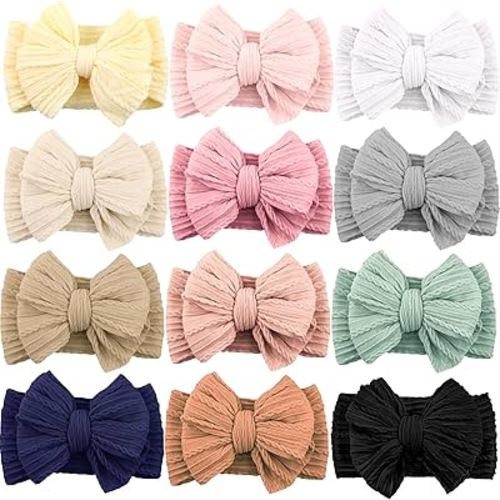 12 Pack Baby Headbands Super Soft Stretchy Nylon Hair Bands Hair Bows Hair Accessories for Baby Girls Newbrons infants Toddlers