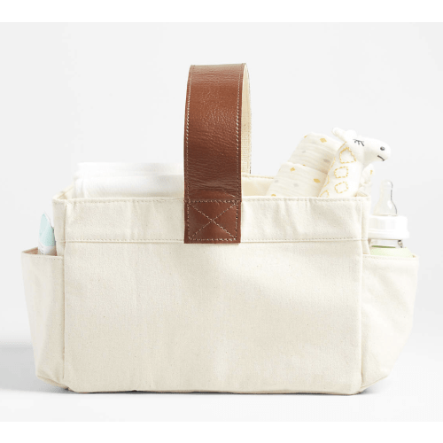 Canvas Diaper Caddy Organizer with Brown Leather Handle
