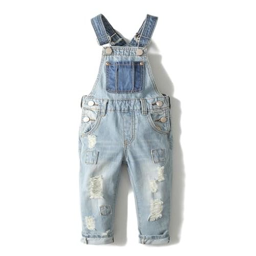 KIDSCOOL SPACE Little Girl Boy Jean Overalls,Toddler Ripped Denim Overall Pants