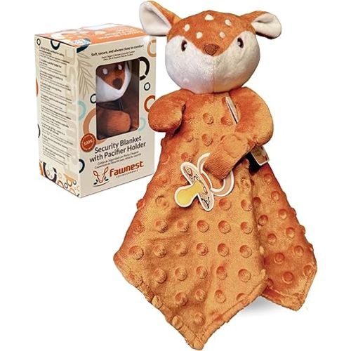 Baby Lovey Security Blanket Newborn - Plush Stuffed Animal with Pacifier Holder, Gender Neutral Baby Gift, Cozy Blanket for Boy & Girl (Fawn Minky Dot)