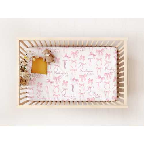 Personalized Baby Girl Crib Sheet – Pink Coquette Bows, Stretchy Knit