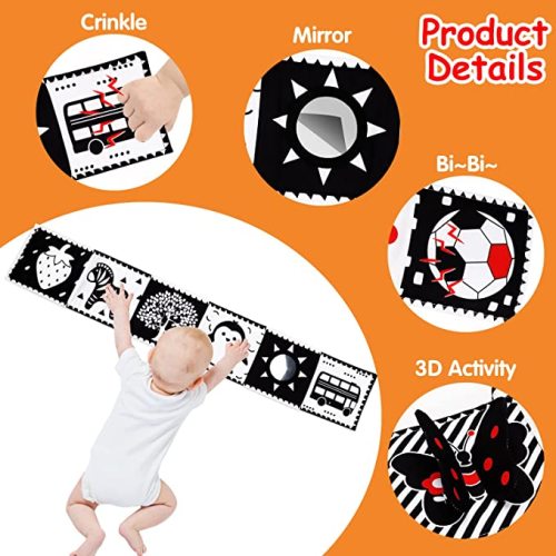 Thremhoo Black and White High Contrast Baby Toys 0-6 Months Soft Book for Brain Development, Tummy Time, Sensory, Montessori Learning Activities