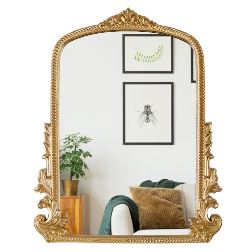 Gold Arched Mirror (15.9 * 19.8 inches) Ornate Baroque Arch Wall Mirror-for Living Rooms, Hallways, Fireplaces, Bathrooms, Entryways