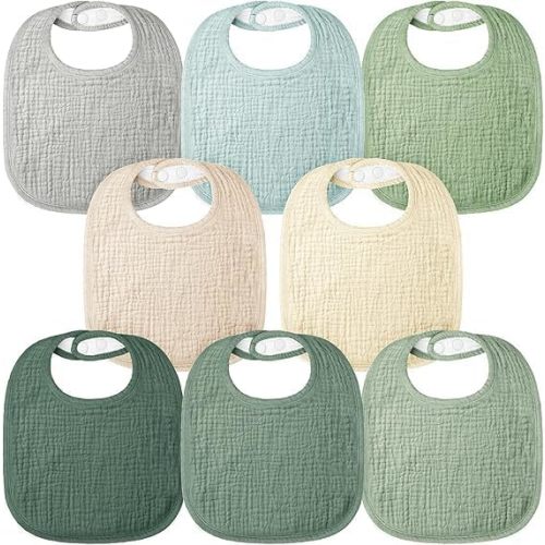Bearmoss Muslin Baby Drooling Bibs 8 Pack, 100% Cotton Square Adjustable Bandana Bibs for Baby Girls Boys Teething Drool (Forest Moonlight)