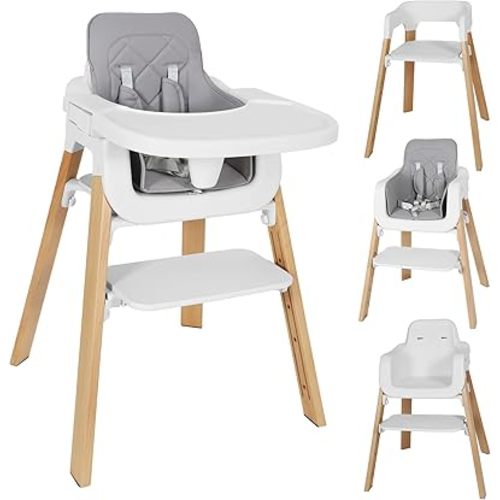 3-in-1 Baby High Chair, Convertible High Chairs for Babies and Toddlers with Adjustable 5-Level Footrest & Dishwasher Safe Tray, Wooden Infant Highchair with Harness for 6 Months and Up, Modern Design
