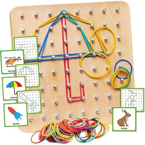 Panda Brothers Wooden Geoboard - Montessori Toys for 3 4 5 Year Old Kids and Toddlers, Educational Toy with 30 Pattern Cards and 40 Rubber Bands to Create Figures, Brain Teaser STEM Toy Geo Board