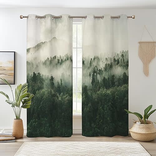 Renaiss Foggy Forest Blackout Curtains, Misty Mountain Mystric Forest Thermal Insulated Curtains for Bedroom Natural Grommet Window Drapes for Living Room 42W x 84L inches 2 Panels Set