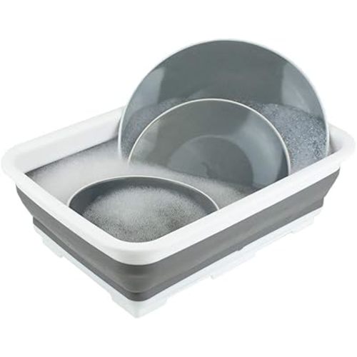 Home Basics Collapsible Silicone & Plastic Multi use - Wash Bin, Portable Washing Basin, Dishpan, Dish Tub, Ice Bucket for Indoor or Outdoor Use, Foldable Space Saving Plastic Washtub (Grey/White)