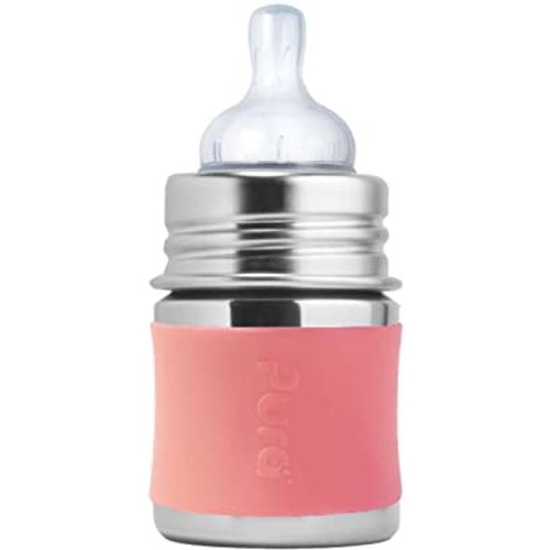 Pura Kiki 5oz/150ml Stainless Steel Anti-Colic Infant Bottle w/Silicone Natural Vent Nipple & Sleeve, 100% Plastic-Free, MadeSafe Certified, Medical-Grade Silicone - Rose Sleeve