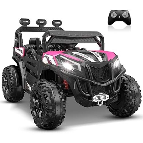 ANPABO 24V 4X4 Ride on Car Truck w/Remote Control, 4WD/2WD Switchable Kids UTV, 19" Spacious Seat, 4 Shock Absorbers, Soft Start, Music Player, Electric Car for Kids Ages 3+(Pink)