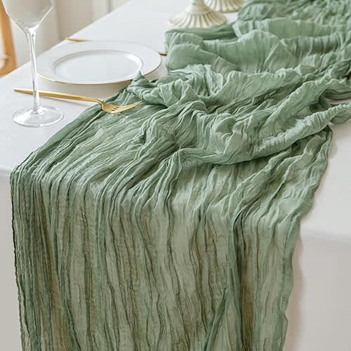 Sioloc 1 Pack Sage Green Cheesecloth Table Runner,10 Ft Sage Green Table Runner,Boho Romantic Light Green Gauze Table Runner Cheese Cloth Long Table Runner for Wedding Party Bridal,Table Decorations