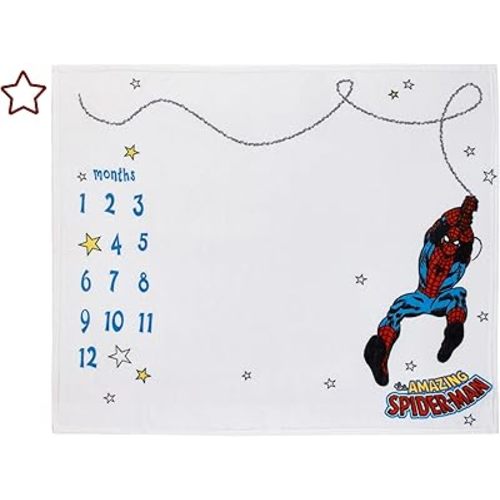 Disney Marvel Amazing Spiderman Red, White, and Blue Super Soft Milestone Baby Blanket