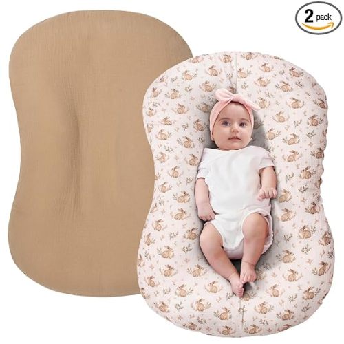 Muslin Baby Lounger Cover Only Compatible with Snuggle Me Lounger, Soft Breathable Infant Lounger Pillow Cover with Envelope Closure for Boys Girls, Machine Washable (Camel,Rabbit)