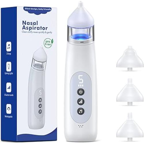 Nasal Aspirator for Baby, 5 Suction Levels Baby Nose Sucker, Music and Light Soothing Function Nose Sucker for Baby to Relieve Congestion, Best Baby Essentials