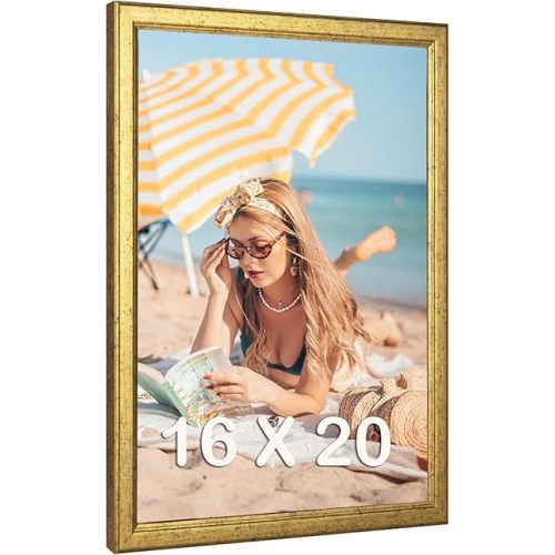 16x20 Wood Frame Gold, Ornate Natural 20x16in Picture Poster Frame, Modern Golden 16 x 20inch Gallery Wall Photo Frame with HD Plexiglass, Horizontal Vertical Wall Mounting Display 1pcs