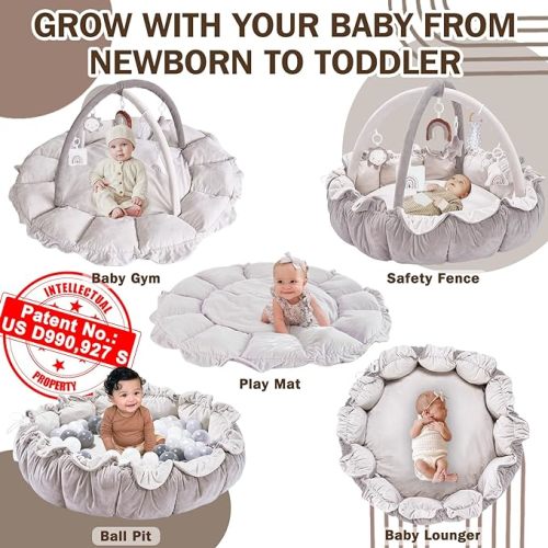 5-in-1 Convertible Baby Play Gym with 6 Toys, Tummy Time Mat for Sensory Development, Baby Activity Center from Newborn to Toddler, Ball Pit, Cat & Dog Bed, Soft Plush Pet Bed, No Ball Included - Grey