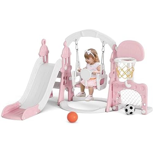 KORIMEFA 5-in-1 Kids Slide and Swing Set, Toddler Slide with Basketball Hoop, Swing, Outdoor Indoor Playground for Toddlers 1-3 (5 in1-Pink)