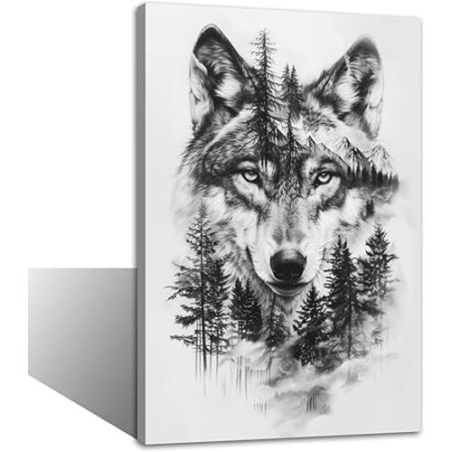 TIEHAOMAI Forest Wolf Wall Art Black and White Wolf Canvas Prints Wild Wolf Paintings Wilderness Landscape Wall Art for Bedroom Decor(Animal-3,16x24inch (40x60cm)