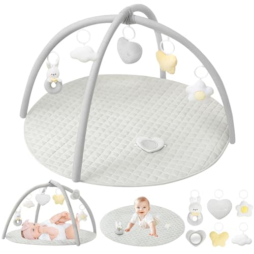 Baby Activity Gyms & Playmats, Tummy Time Mat for Babies 0-6 Month, 6 Detachable Toys for Sensory and Motor Skill Development, Washable Baby Play Mat, Convertible Stage-Based Developmental, Grey