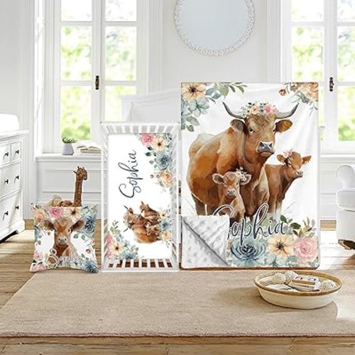 Custom Crib Bedding Set - Highland Cow Design Personalized Name Baby Nursery Bed 3 Pcs Set - Chic Soft Blanket with Dotted Backing, Sheet, Pillowcase for Newborn Girls Boys Gifts Color03