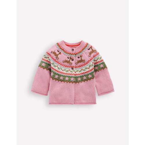 Edie Fair Isle Cardigan-Pink Festive Reindeer