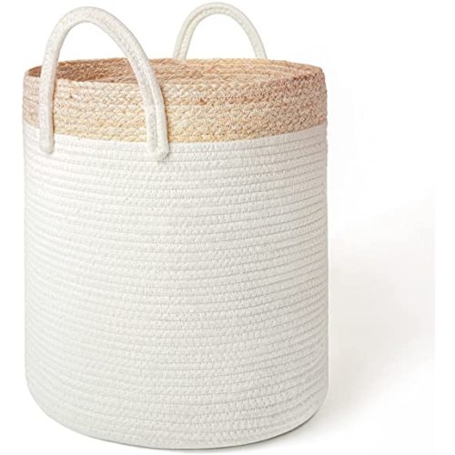 Woven Basket Rope Storage Basket - Large Cotton Organizer 16 x 14 x 14 Inches, Natural and Safe For Baby and Kids, Two-Tone Woven Organizer with Corn Skin - L 14 × W 14 × H 16 - White with Corn Skin & Beige