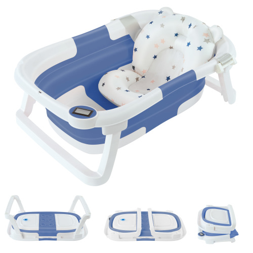 Onekawa Collapsible Baby Bathtub for Newborns & Infants - Travel-Friendly Toddler Bath Tub with Soft Cushion & Thermometer for Ages 0-24 Months(Blue)