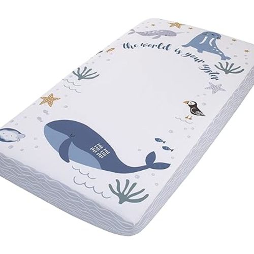 NoJo Arctic Adventure Light Blue, White, and Navy Whales, Narwhal, and Walrus The World is Your Oyster 100% Cotton Photo Op Fitted Crib Sheet