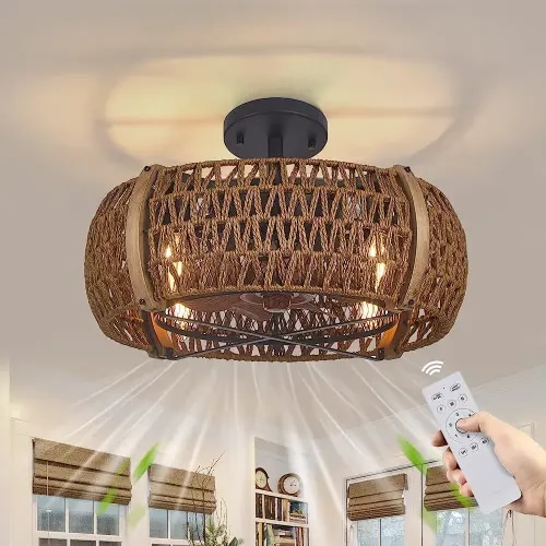 DRNANLIT Caged Ceiling Fan with Lights,Farmhouse Bladeless Flush Mount Ceiling Fan with Light,Small Ceiling Fan Light kit for Bedroom,Kitchen,Living Room