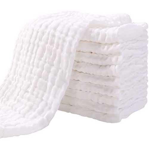 Muslin Burp Cloths for Baby 10 Pack 100% Cotton Baby Washcloths for Boys Girls Large 20''X10'' Super Soft and Absorbent by Yoofoss - White-6 Layers