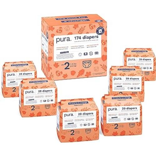 Pura Size 2 Eco-Friendly Diapers (7-13lbs) Hypoallergenic, Soft Organic Cotton Comfort, Sustainable, Wetness Indicator, Allergy UK, Recyclable Paper Packaging, 6 Packs of 29 (174 Diapers)