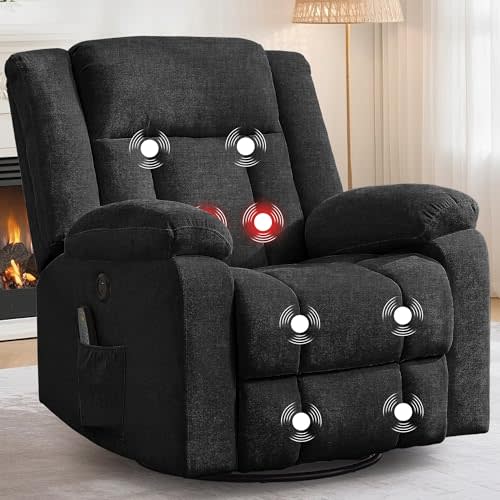 Korser Rocker Recliner, Glider Recliner Chairs for Adults, 360° Swivel Rocking Chair with Massage and Heating, Nursery Chair with Storage and USB Charging, Carbon Black, Swivel Rocker Recliner