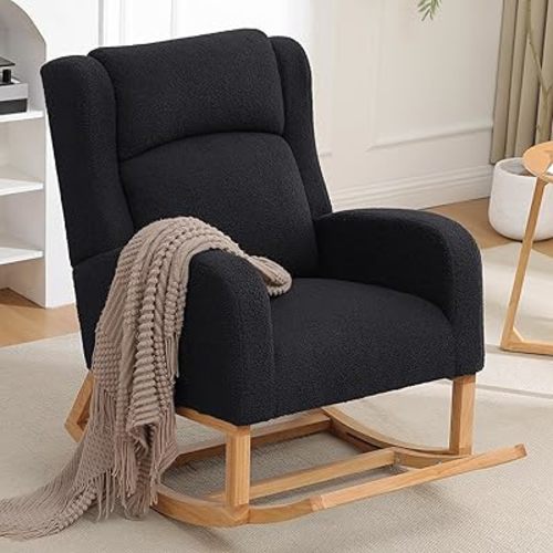 Rocking Chair Nursery, Nursing Rocking Chairs for Mom Nursery, Comfy Wingback Glider Rocking Armchair with Side Pocket for Nursery Living Room Bedroom (Teddy Black, with Footrest)