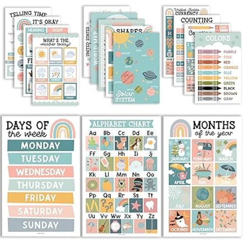 Hadley Designs 16 Educational Posters for Toddlers 1-3, Laminated Toddler Learning Posters for Preschool & Kindergarten, ABC Chart, Numbers, Colors, Shapes, Days of The Week, Boho Classroom Decor