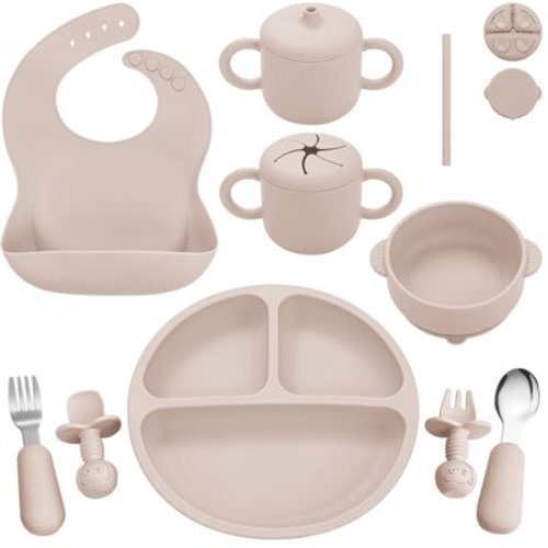 WANGLI Silicone Baby Feeding Set, Baby Led Weaning Supplies, Eating Essentials Utensils with Suction Plate and Bowl, Pocket Bib, Sippy Cup with Lid, Forks Spoons Snack Container, for 6+ Months