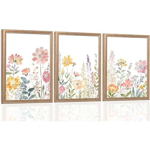 Colorful Flower Frame Wall Art Set Watercolor Flower Wall Art Multicolor Botanical Art Prints Wildflower Painting Printing Suitable for living room, bedroom, bathroom, 12x16 inch 3 piece set