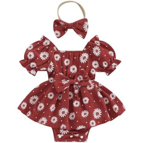 Baby Girls Daisy Romper Bowknot Bodysuit+Headband Short Sleeve Playsuits Floral Jumpsuit Infant Summer Clothes