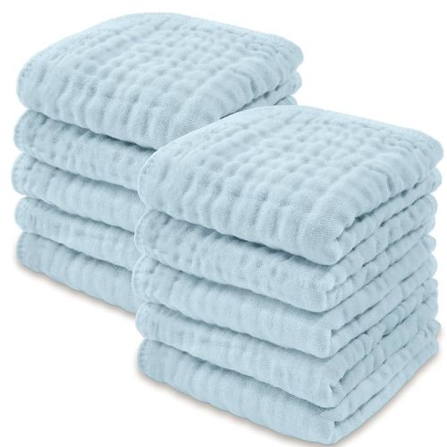 Baby Washcloths, Muslin Cotton Baby Towels Large 10”x10” Wash Cloths Soft on Sensitive Skin, Absorbent for Boys & Girls, Newborn & Toddlers Bibs & Burp Cloths Essentials Set (Sky Blue, Pack of 10) - 10-Pack 10"X10"
