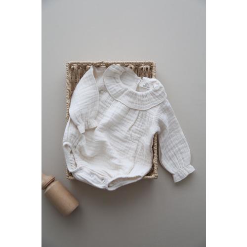 Cotton Baby Romper with Ruffle Collar, Long Sleeve Muslin Baby Bodysuit, Neutral Beige Infant Outfit, Unisex Baby Shower Gift