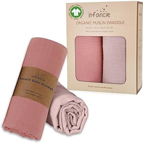 Organic Cotton Baby Muslin Blanket - Breathable, Large 47x47 inches for Baby Swaddle Blanket Hypoallergenic Muslin Baby Blankets, Versatile, Double Layer (Rose/Peach)