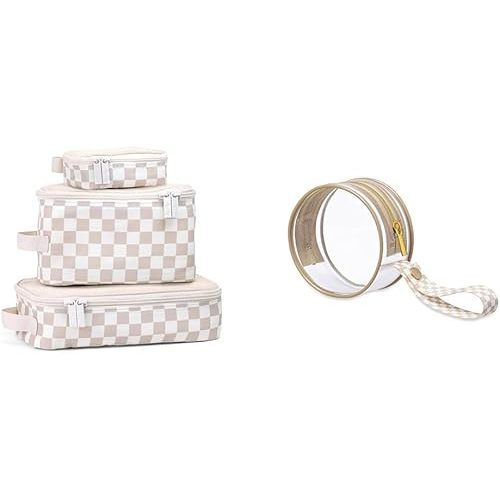 Itzy Ritzy Packing Cubes Set of 3 + Clear Pacifier Case with Handle, Taupe - Travel Organizers for Diaper/Suitcase