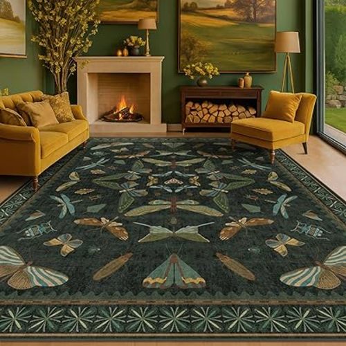 Dark Green Insect Area Rugs 8x10 for Living Room, Dining Room Under Table, Bedroom, Unique Washable Floral Non Slip Low Pile Soft Rug