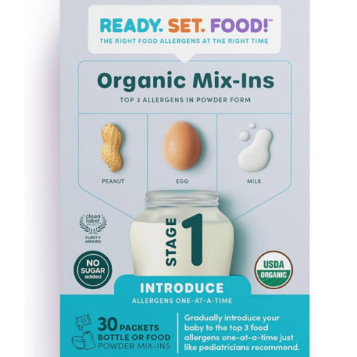 Stage 1 Mix-ins – Safe & Easy Early Allergen Introduction for Babies 4+ Months, Mix with Breastmilk, Formula & Baby Food, With 3 Top Allergens: Organic Peanuts, Milk & Eggs By Ready Set Food!(30 Days)
